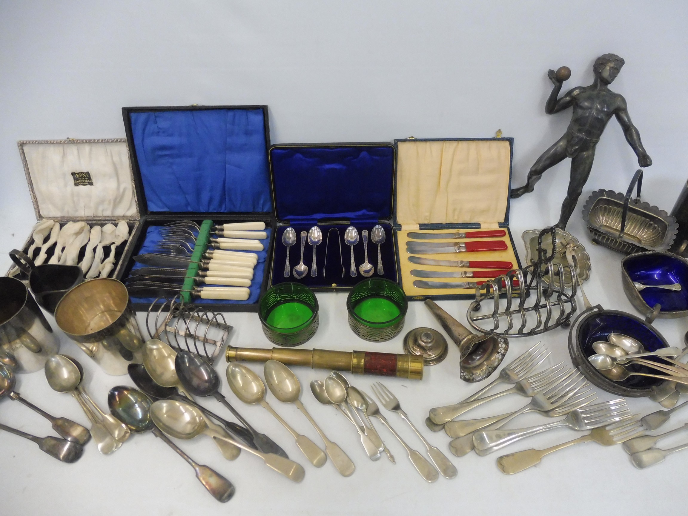 A quantity of silver plate including beakers, plus various other collectables including a