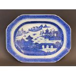 A Chinese blue and white platter, 12 3/4" w, early 19th Century or earlier.