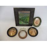 A metal framed enamel picture plus various circular miniature prints.