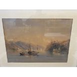 A large 19th Century framed and glazed watercolour, lake scene with boats, signed indistinctly