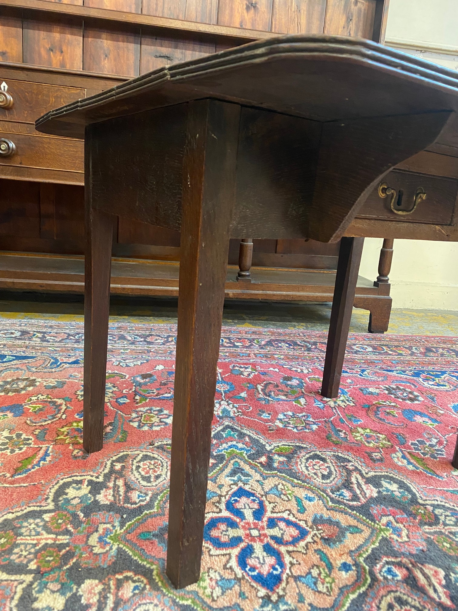 An unusual country made oak drop flap table, with hidden drawer, 30" wide x 23" high x 30 1/2" - Image 4 of 5