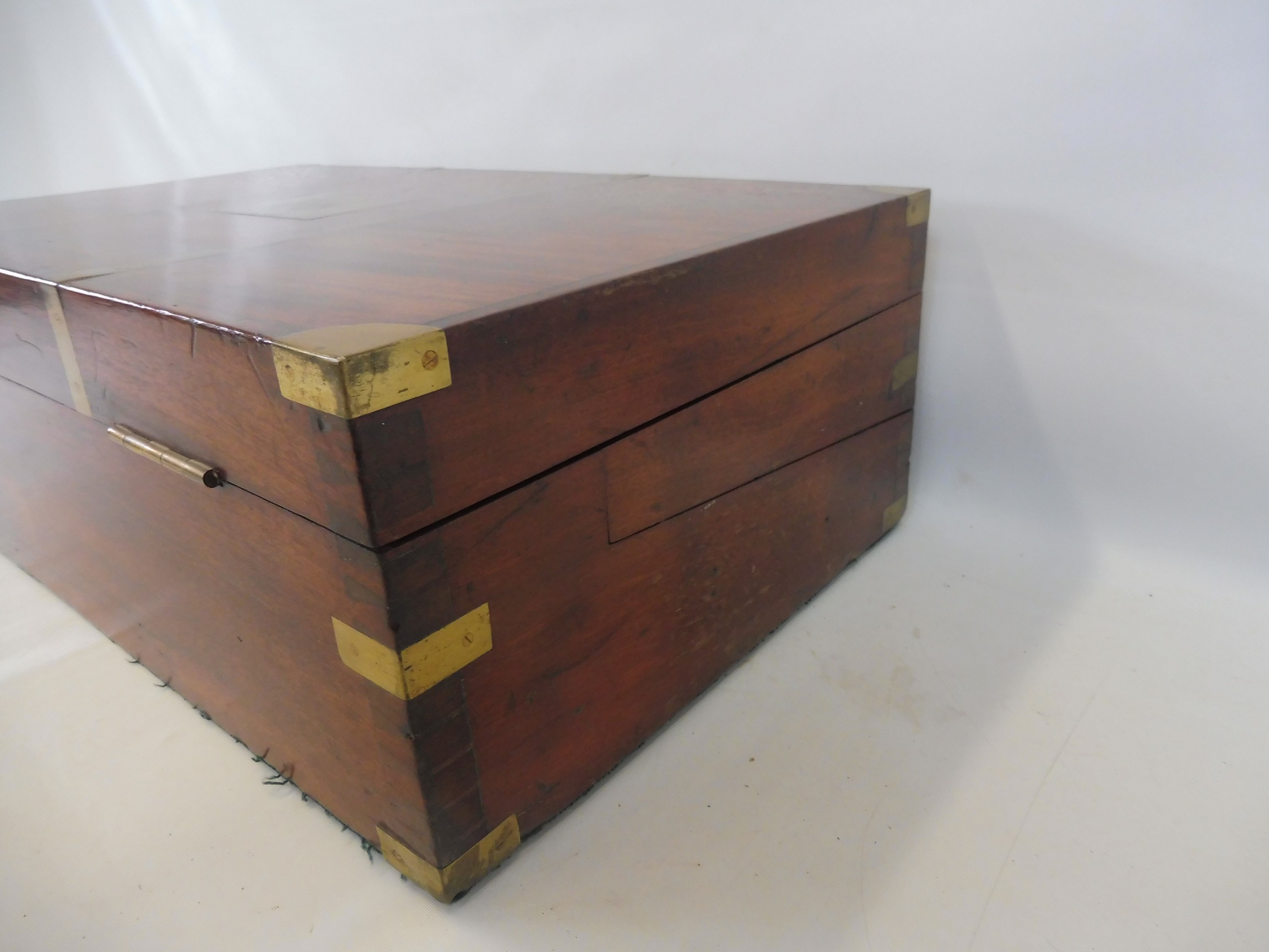 A fine quality 19th Century mahogany and brass bound campaign writing slope, the inset brass - Image 10 of 12