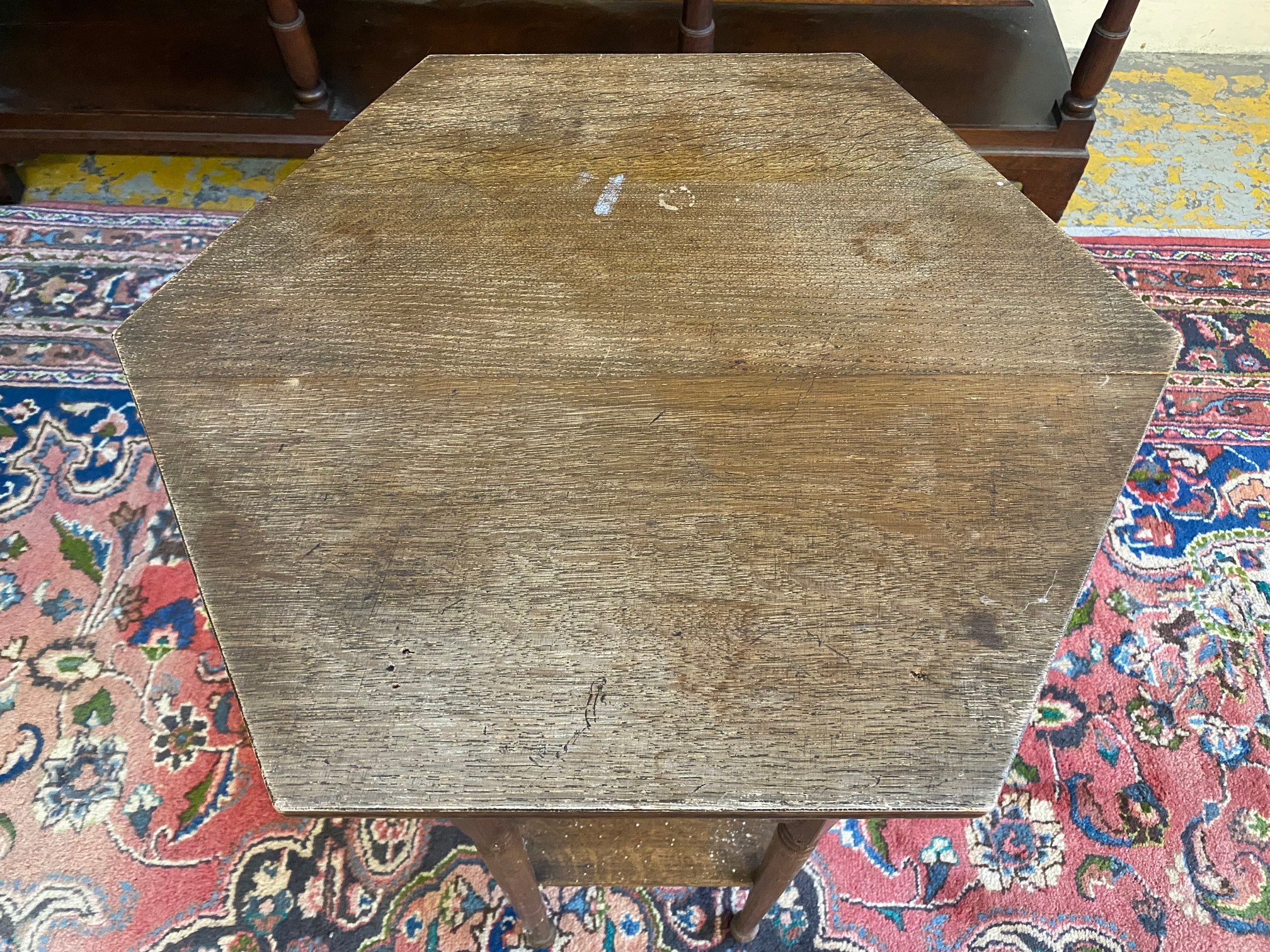 An Arts and Crafts oak hexagonal occasional table, of Eastern design influence, the top 21 1/2" at - Image 2 of 4