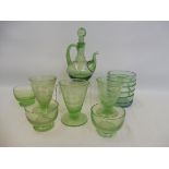 Three unusual soda glass beakers, etched with two figures in a boat and five further items of