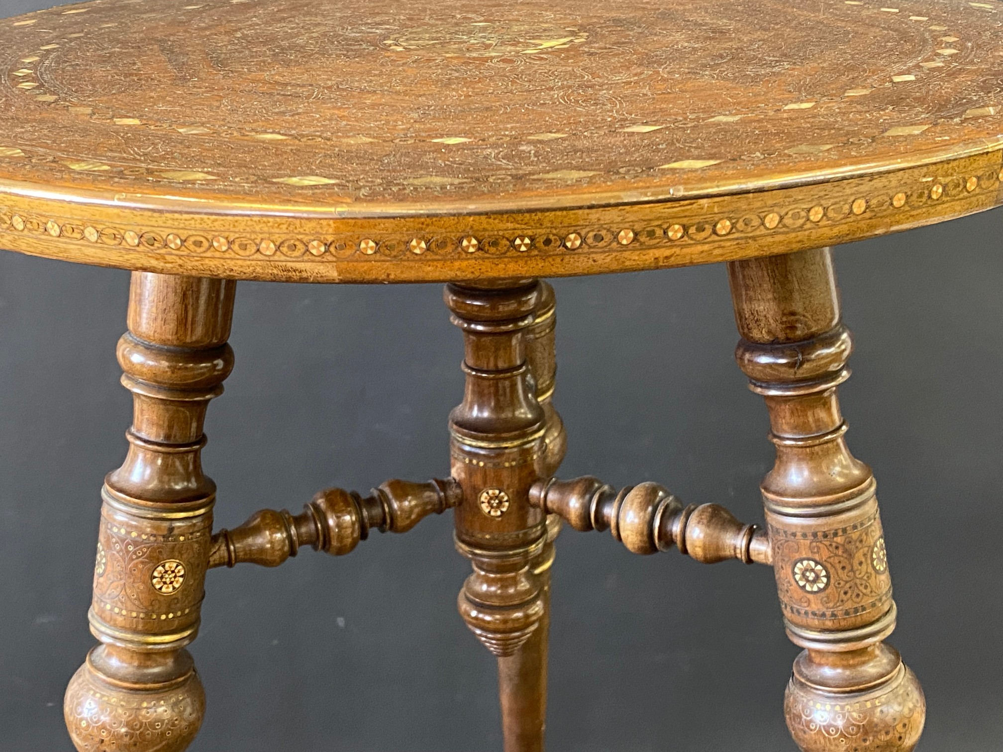 A very good quality 19th Century Moorish heavily inlaid circular occasional table raised on three - Image 3 of 9