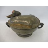 An unusual Chinese pewter two handled tureen, the lid surmounted by a duck, inset with a piece of