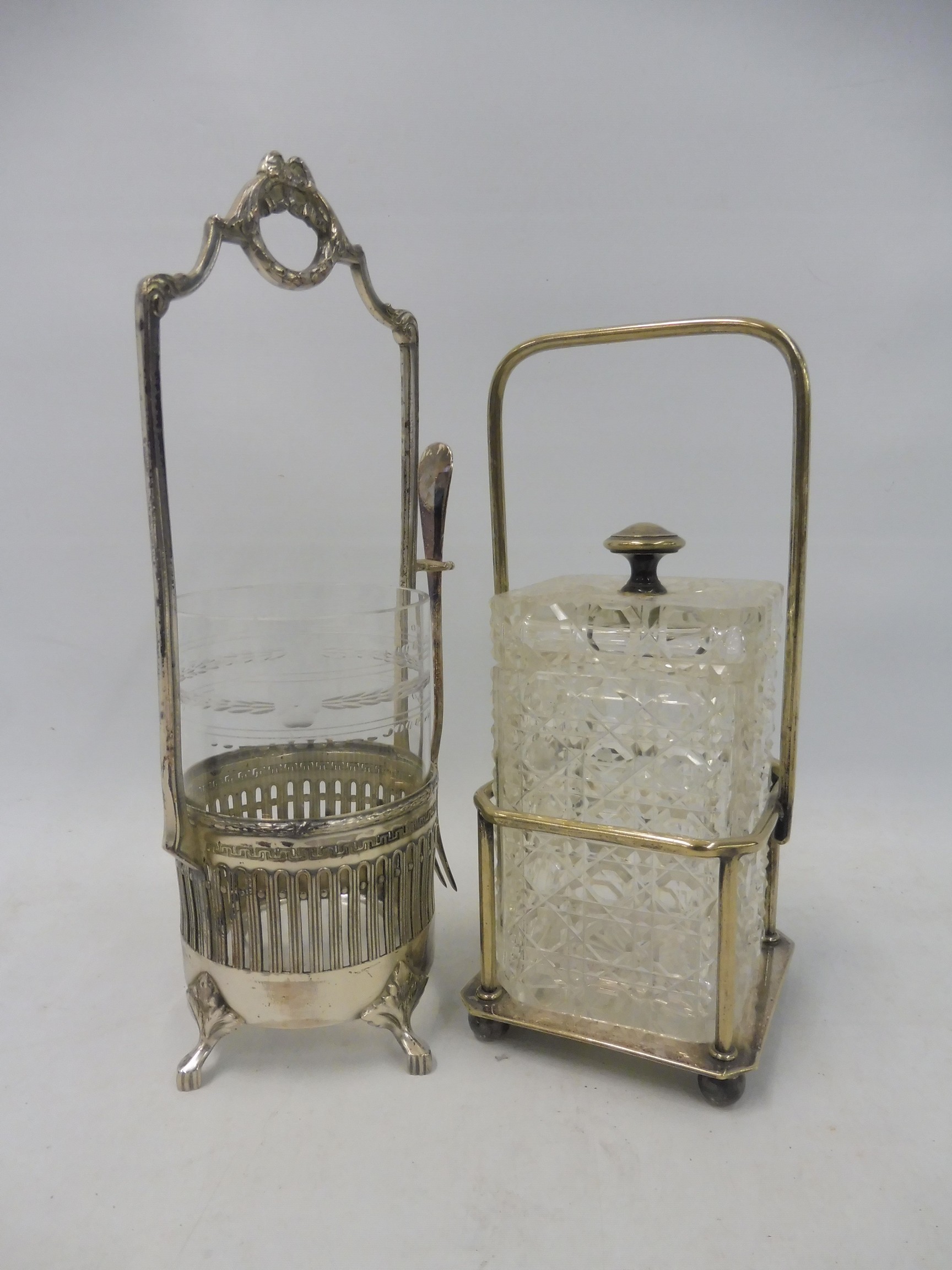 A WMF silver plated stand with glass liner and hanging pickle fork, plus a cut glass square lidded - Image 2 of 2