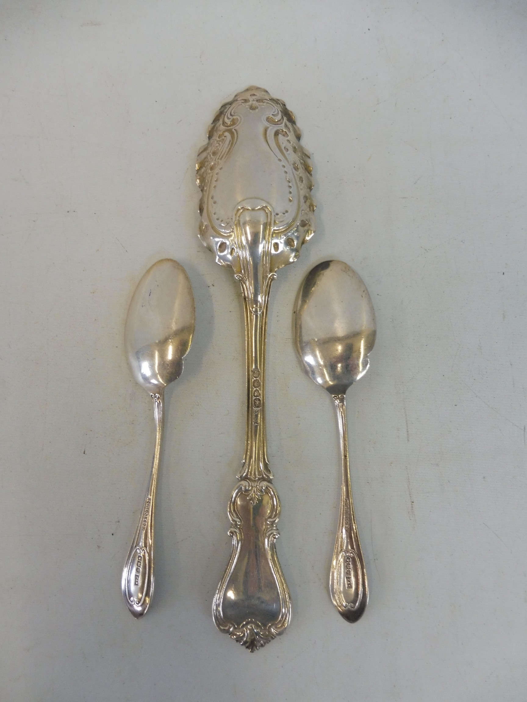 A silver serving spoon, London 1841 plus a pair of silver jam spoons Sheffield 1924. - Image 2 of 2
