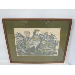 A framed and glazed print, believed woodcut, of pigeons, 22 x 18 1/2".