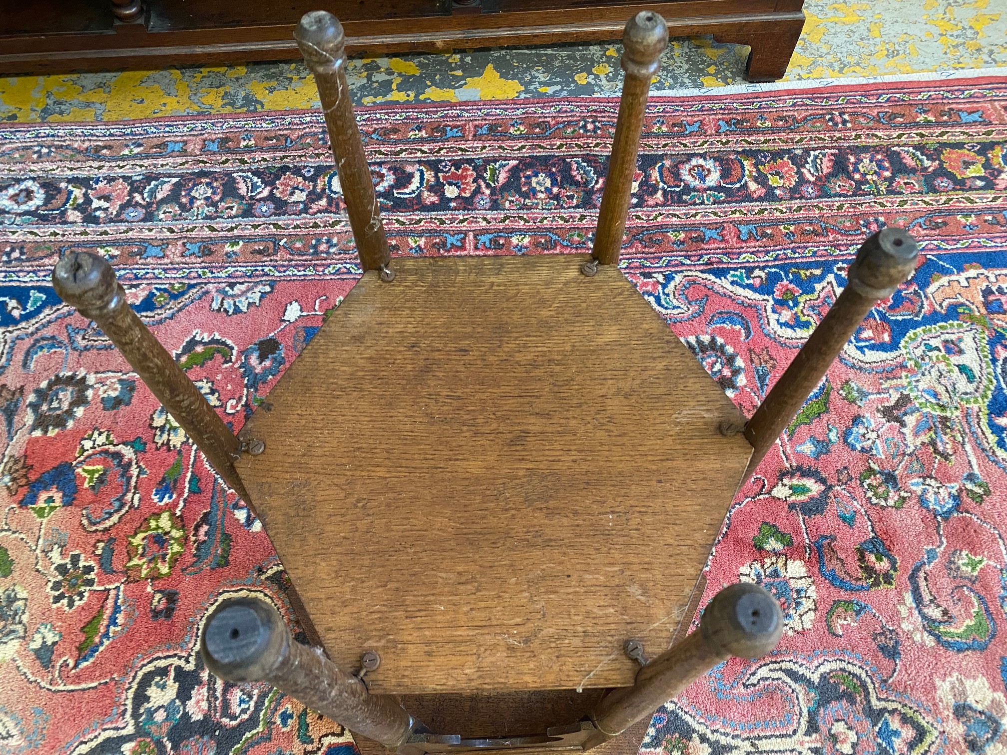 An Arts and Crafts oak hexagonal occasional table, of Eastern design influence, the top 21 1/2" at - Image 3 of 4