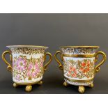 Two similar 19th Century Crown Derby porcelain and enamelled cabinet two handled cups, each 3 1/4"