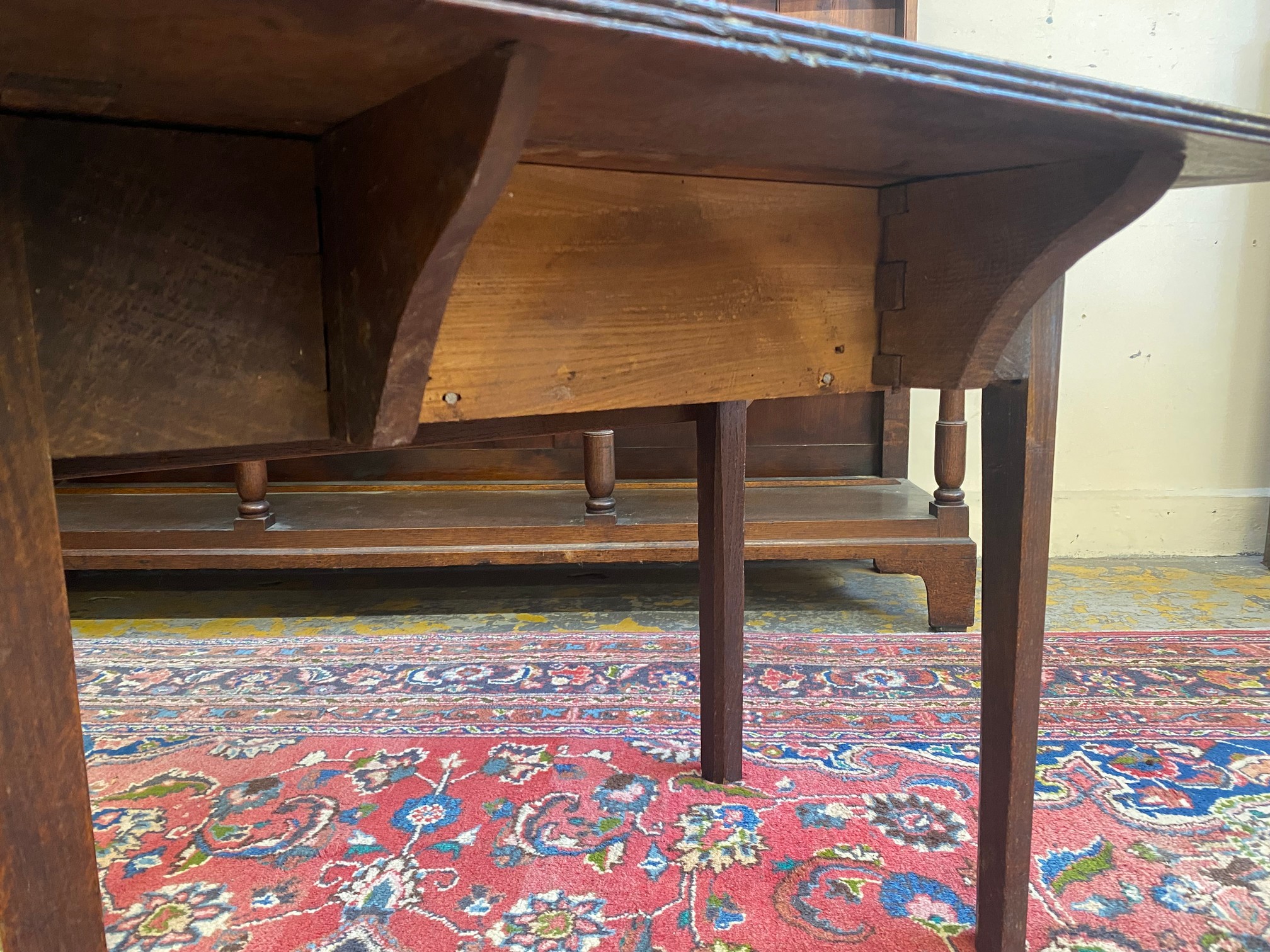 An unusual country made oak drop flap table, with hidden drawer, 30" wide x 23" high x 30 1/2" - Image 2 of 5