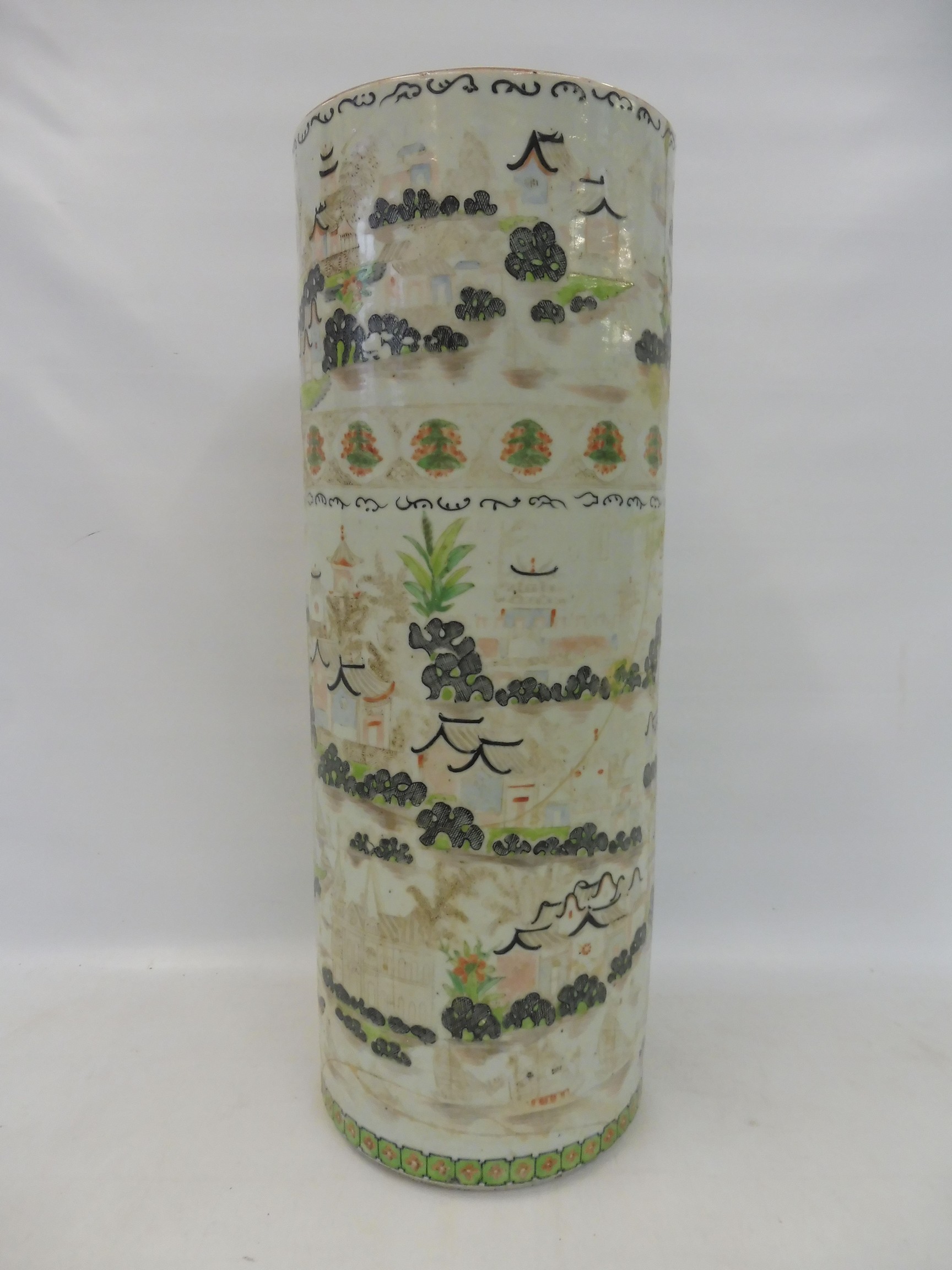 A Chinese umbrella/stick stand, unusually decorated with ships and buildings, possibly 18th