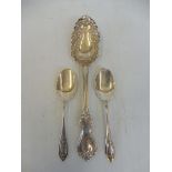 A silver serving spoon, London 1841 plus a pair of silver jam spoons Sheffield 1924.