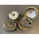 A Orvis Battenkill 7/8 3 3/8" centre pin fly reel plus a Leeda 3 1/2" rim fly reel and a Leeda