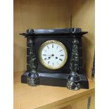 A late Victorian slate and marble embellished mantle clock, with circular white enamel dial, 14 1/2"