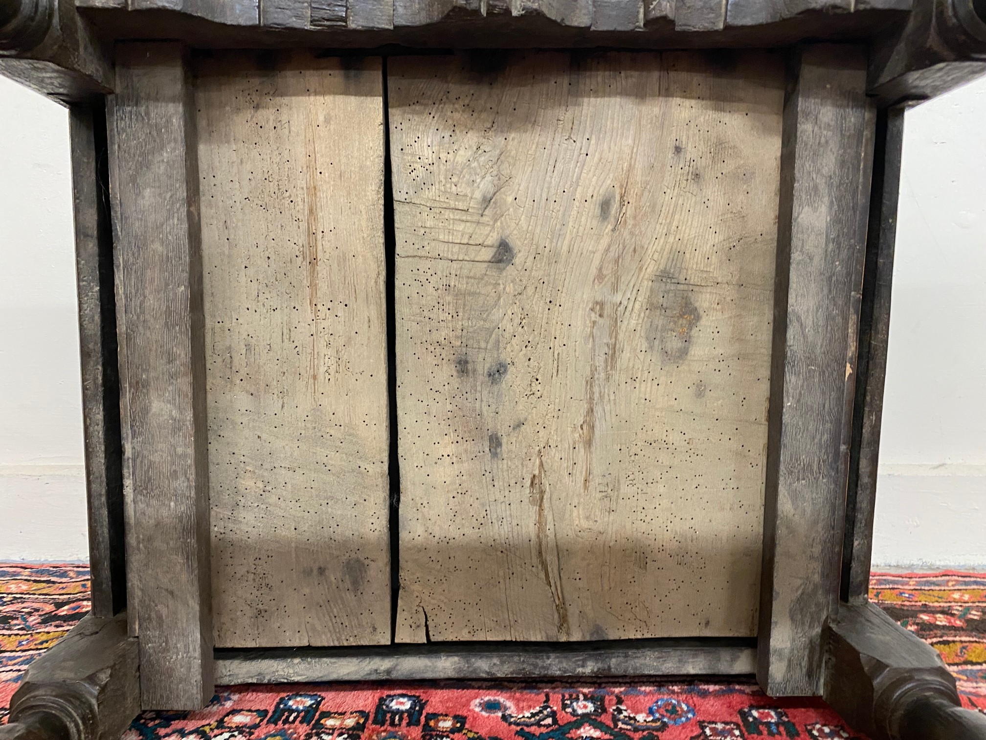 A primitive 17th Century Welsh oak side table with bobbin supports, 30 1/2" w x 26" h x 23" d. - Image 13 of 15