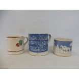 Two spongeware tankards plus a blue and white jasperware mug.