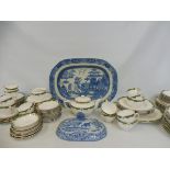 An early/mid 19th Century blue and white meat platter, willow pattern, 19 x 14" plus a 19th