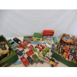 A quantity of mainly playworn toys from the 1950s-1970s, including tinplate etc.