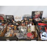 A large quantity in three boxes of Star Wars, mainly Episode One, to include light saber, a boxed