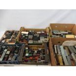 A large quantity in six boxes of mainly homemade model railway items to include rolling stock,