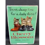 A Cherry Blossom Shoe Polish pictorial tin advertising sign depicting three kittens sat in boots, 18