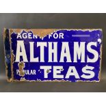 A double sided enamel sign with hanging flange, advertising Althams' Teas, by Griffiths & Browitt,