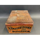 An early Alfred Bird's Egg Powder wooden box with good label to the inside, 7 1/2" w x 5" h x 8 3/4"