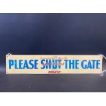 A Leonard Smith's All-In-One Drench 'Please Shut The Gate' tin advertising sign, 15 x 3".