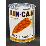 A Lin-Can can-shaped tin advertising sign for whole carrots, 10 3/4 x 17".