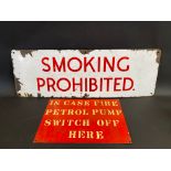 A Smoking Prohibited rectangular garage forecourt enamel sign, 36 x 12", plus a garage sign