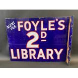 A Foyle's 2D Library double sided enamel sign with hanging flange, 20 x 15".