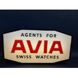 An Avia Swiss Watches hanging lightbox, 25" w x 13 1/2" h x 4 1/2" d.