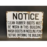 A Notice enamel sign 'clean rubber boots must be worn..', 12 x 9".