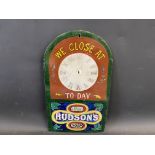 A Hudson's Soap 'We Close At..To-Day' enamel clock sign, heavily restored, 10 1/2 x 18".