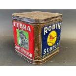 A Robin Starch and Zebra Grate Polish square counter top dispensing tin in good condition.