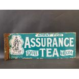 An Assurance Tea, Coffee & Cocoa double sided enamel sign with hanging flange, by Patent Enamel,