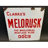 A Clarke's Melorusk for dogs enamel sign, 12 x 12".