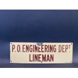 A Post Office Engineering Department 'Lineman' rectangular enamel sign by Garnier, good gloss, 18