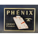 A small showcard advertising Phenix shirts and pyjamas, with raised card shirt in 3D against a black