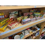 A collection of assorted packaging from a museum, mainly soap and washing products.