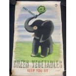 A rare surviving Ministry of Food advertising poster depicting an elephant holding up a cabbage,