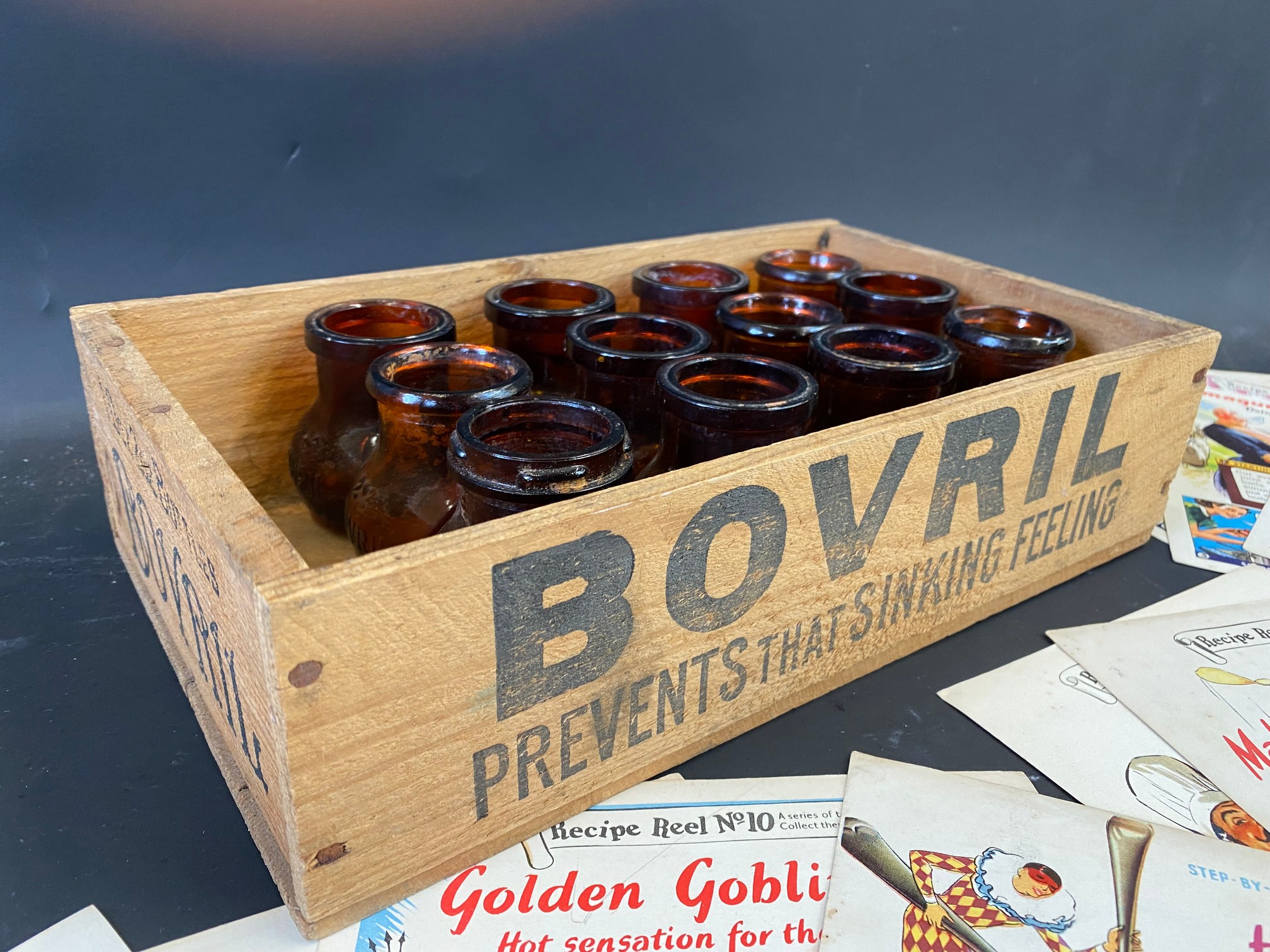 A Bovril wooden counter top box, 12 glass jars and various menu cards. - Image 6 of 7