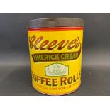 A Cleeve's Limerick Cream Toffee Rolls cylindrical lidded dispensing tin in good condition, 7" h.