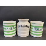 A lidded kitchen storage jar for Rice and two Evergreen jars, with green stripes, one for Currants