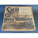 A Spear's Bath Sausages cardboard dispensing box, with an image of a steam locomotive to the lid,