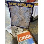 A Calor Gas double sided sign, a Michelin pictorial tin map sign and a Newcastle Brown Ale tin