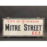 A City of London Mitre Street metal framed road sign, 27 x 12".