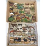 Two trays of lead farm animals, trees, fencing etc.